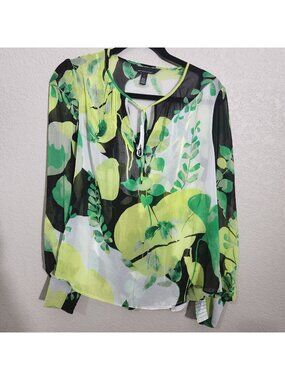 White House Black Market Womens Sheer Floral Blouse Small Green Printed Top